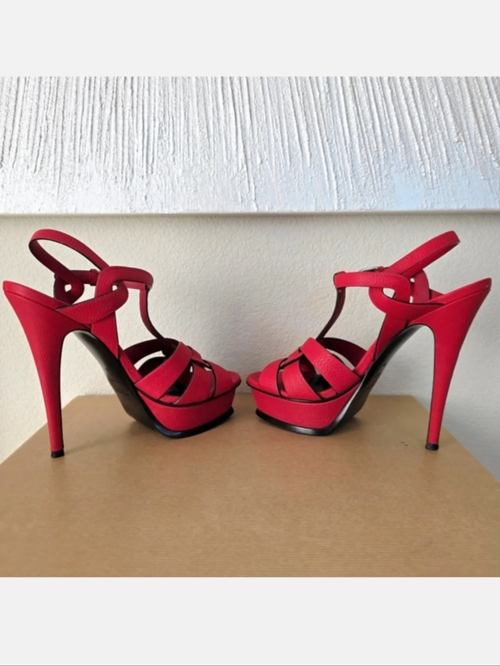YSL Yves Saint Laurent Red Leather Strappy Ankle Strap High Heels EU38 / US8