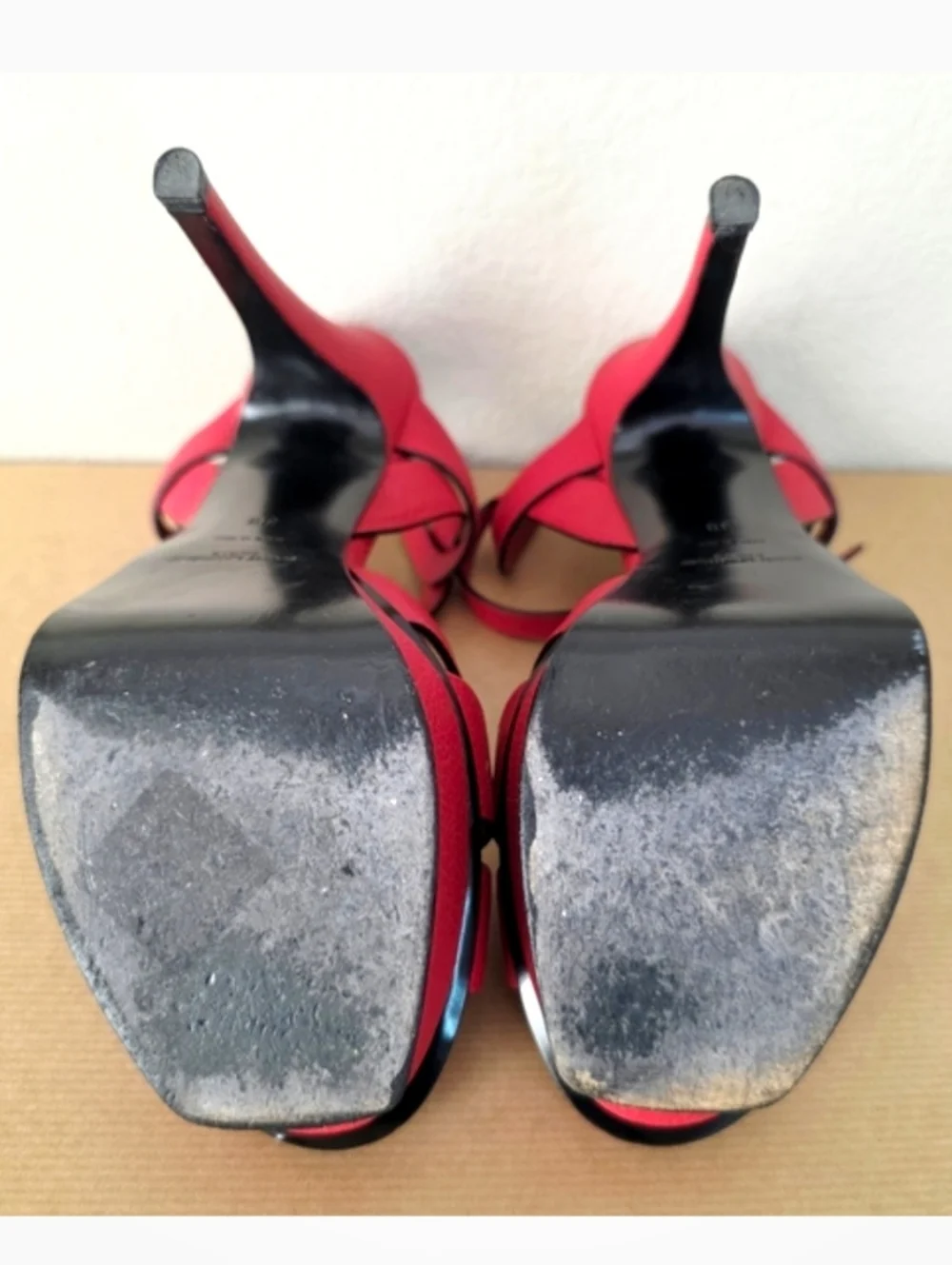 YSL Yves Saint Laurent Red Leather Strappy Ankle Strap High Heels EU38 / US8