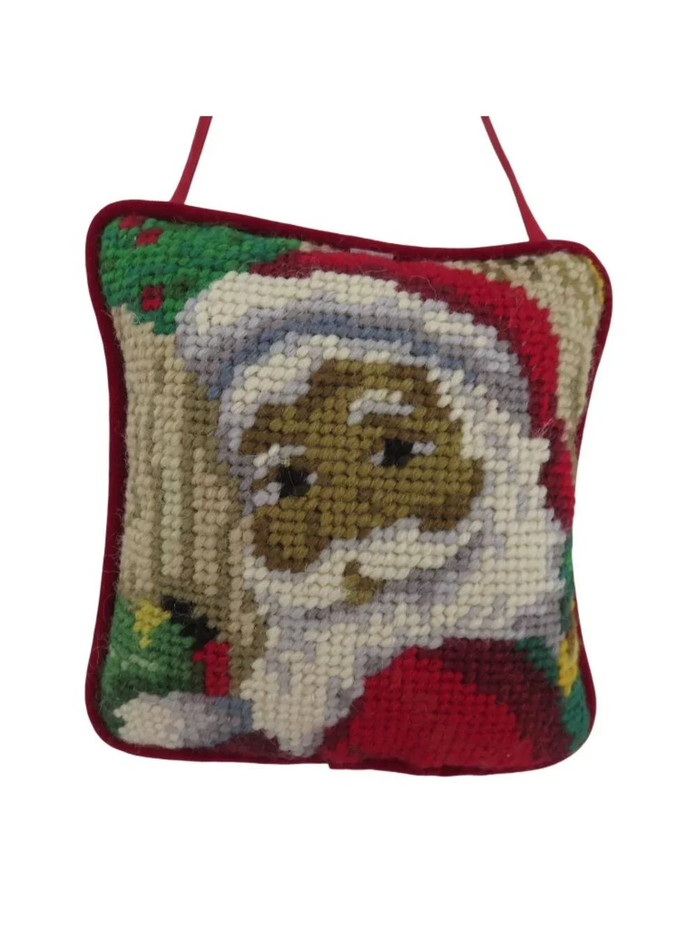 Santa Claus Papa Noel Wool Needlepoint Red Velvet Door Hanger Ornament Christmas