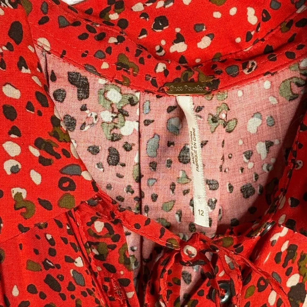 Free People 40's Print Midi Button Up Cap Sleeve Red Lined Shirt Dress Size 12