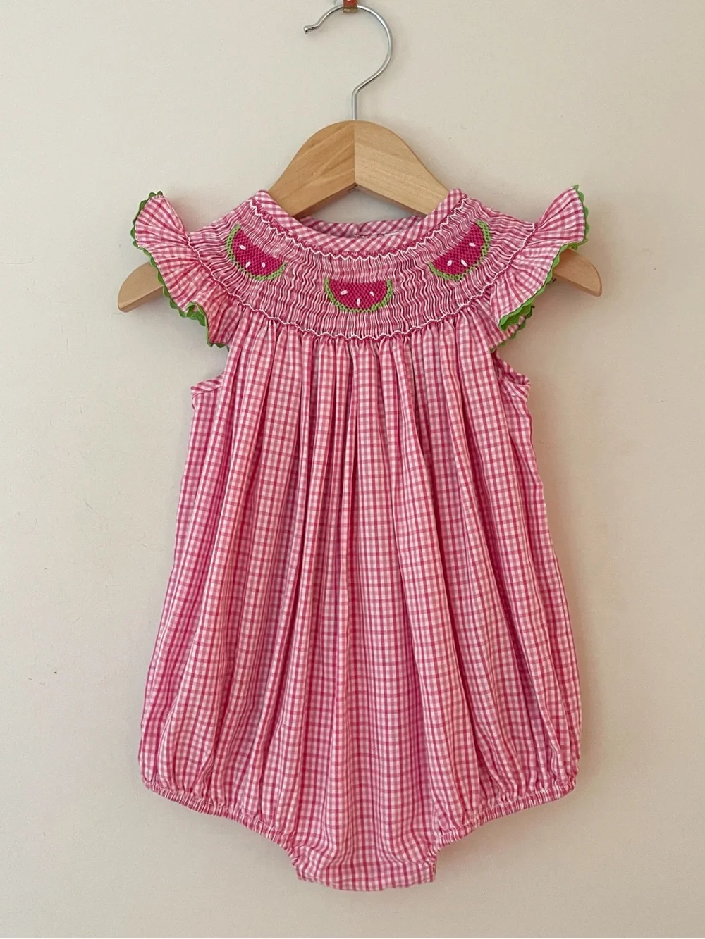 EUC Hand Smocked Vibrant Pink Gingham Watermelon Flutter Sleeve Bubble