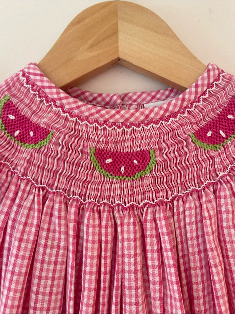 EUC Hand Smocked Vibrant Pink Gingham Watermelon Flutter Sleeve Bubble