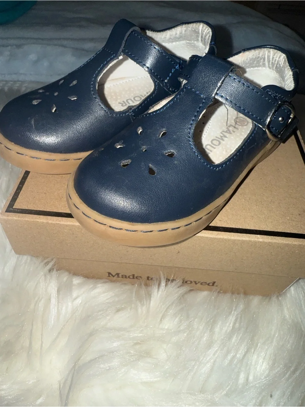 L'Amour Navy T‑Strap Kids Dress Shoes with Tan Sole