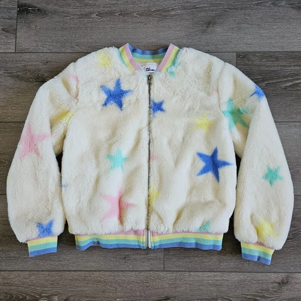 Epic Threads Faux Fur Fashion Sweater Bomber Jacket Girls Stars Print M 8-10 EUC