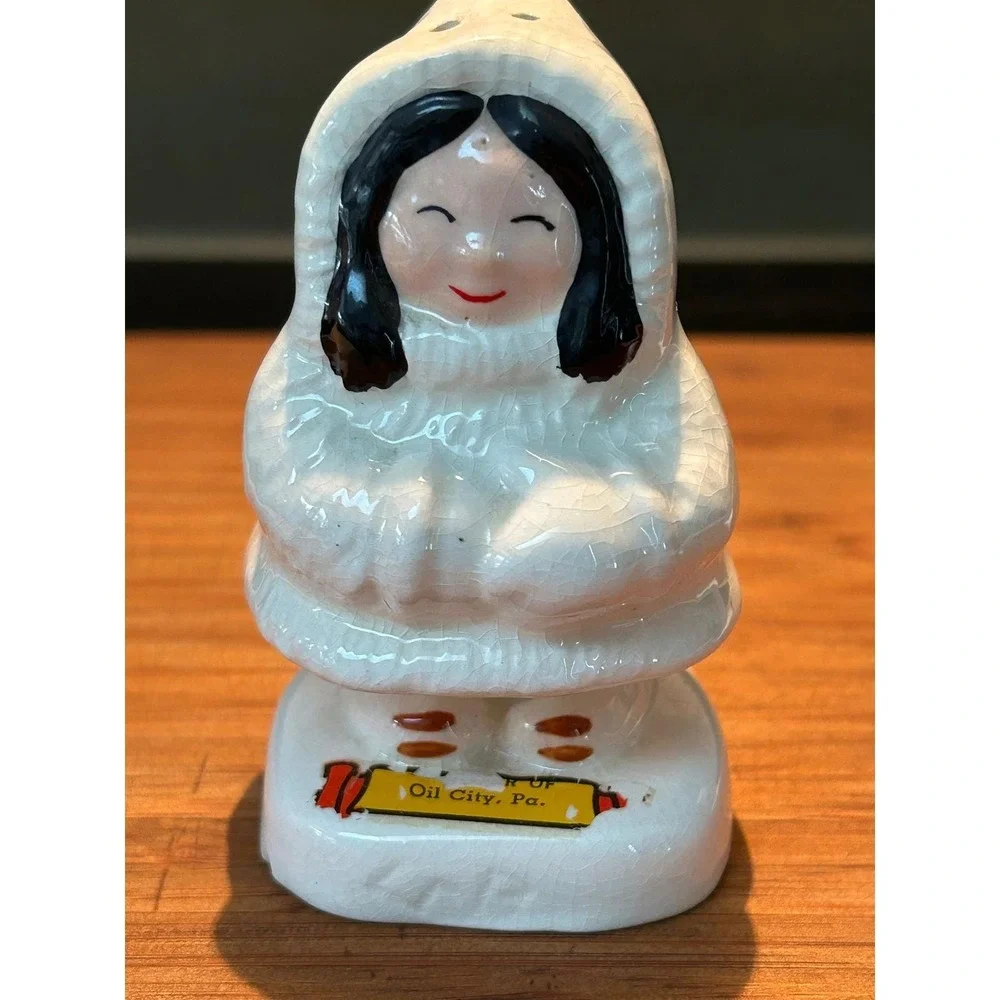 Vintage Horvath Eskimo Inuit Salt and Pepper Shakers Oil City Pa Souvenir White