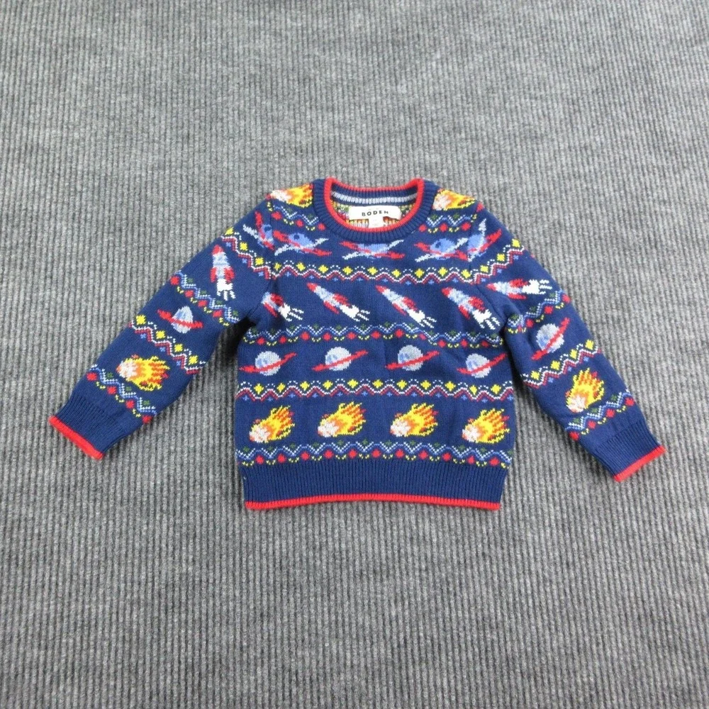 Mini Boden Sweater Kids 2T Blue Fair Isle Pullover Crew Neck Space Rocket NWT