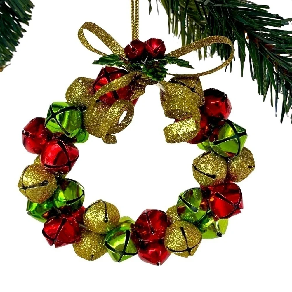 Jingle Bells Wreath Christmas Ornament Red Gold Green 3.5