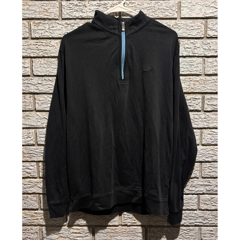 Peter Millar Mens Black Cotton Quarter Zip Pullover Light Blue Trim L Golf Loo