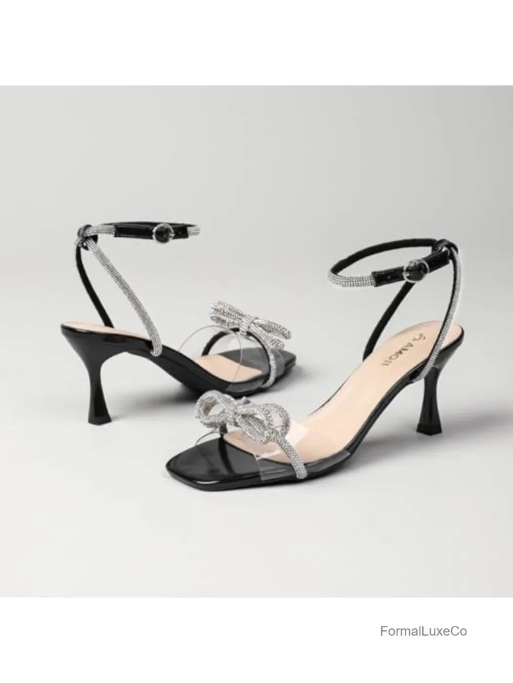 Kitten Heels Rhinestone Bow Strappy Dress Shoes 3 Inch Heel