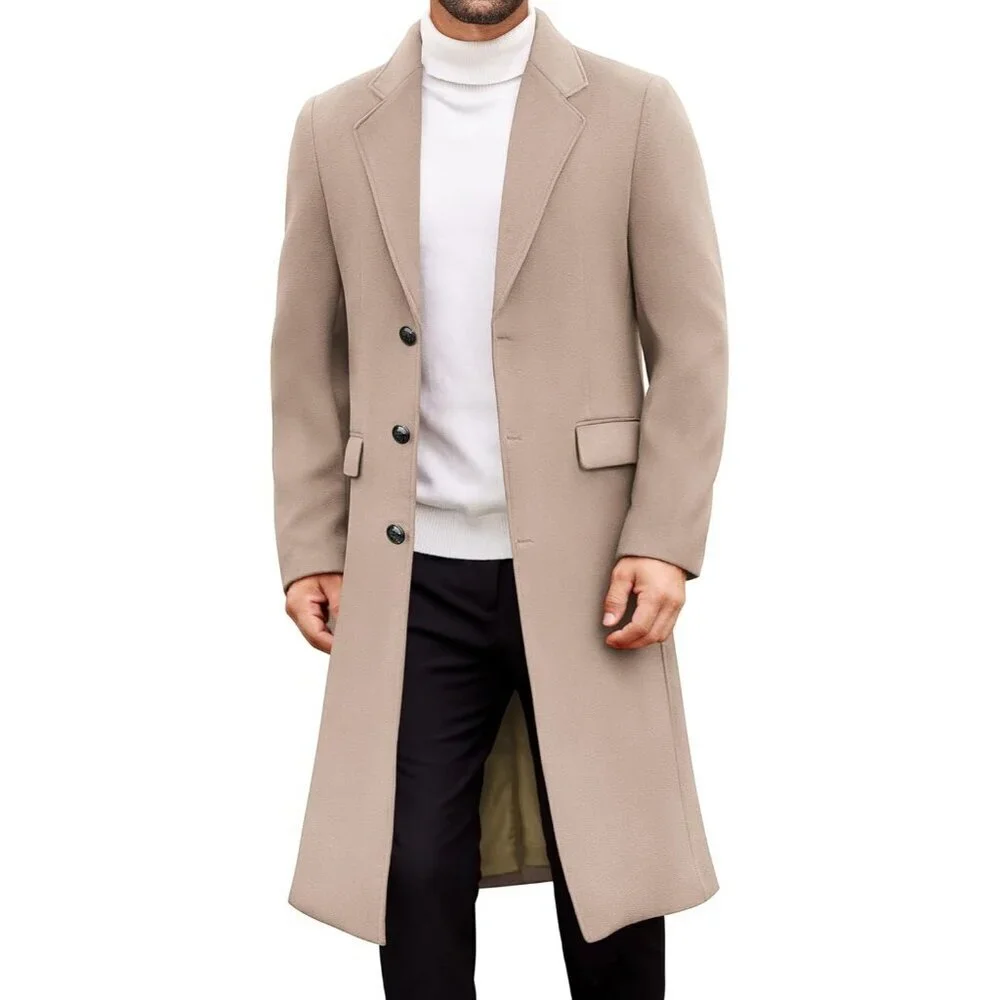 Men's Khaki Trench Coat Long Casual Overcoat Notched Collar Wool Blend Pea coat