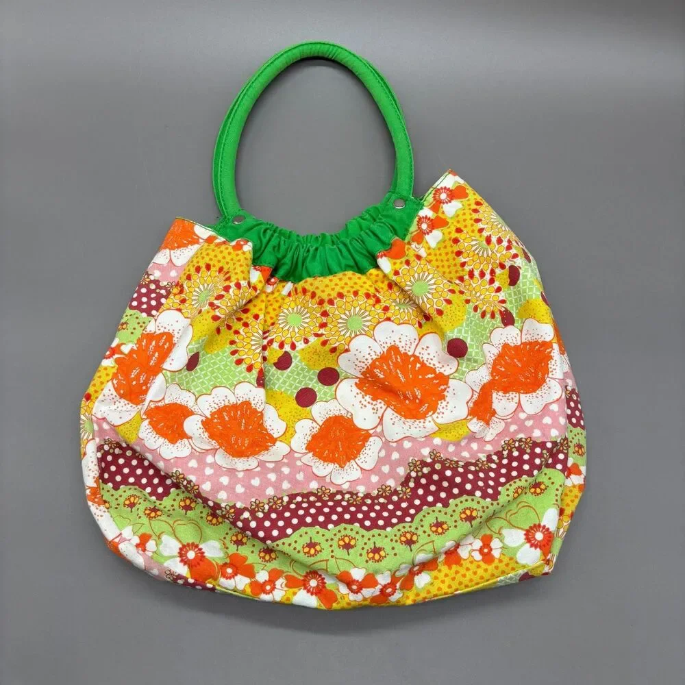 Vintage 1970s Handmade Floral Print Tote Handbag Boho Hippie Cotton Purse