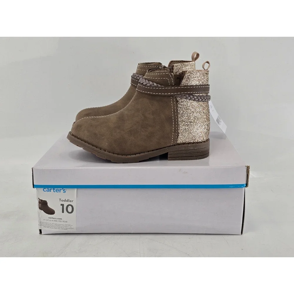 Carter's Letty Ankle Boots Toddler 10 Taupe Glitter Braided Strap - New