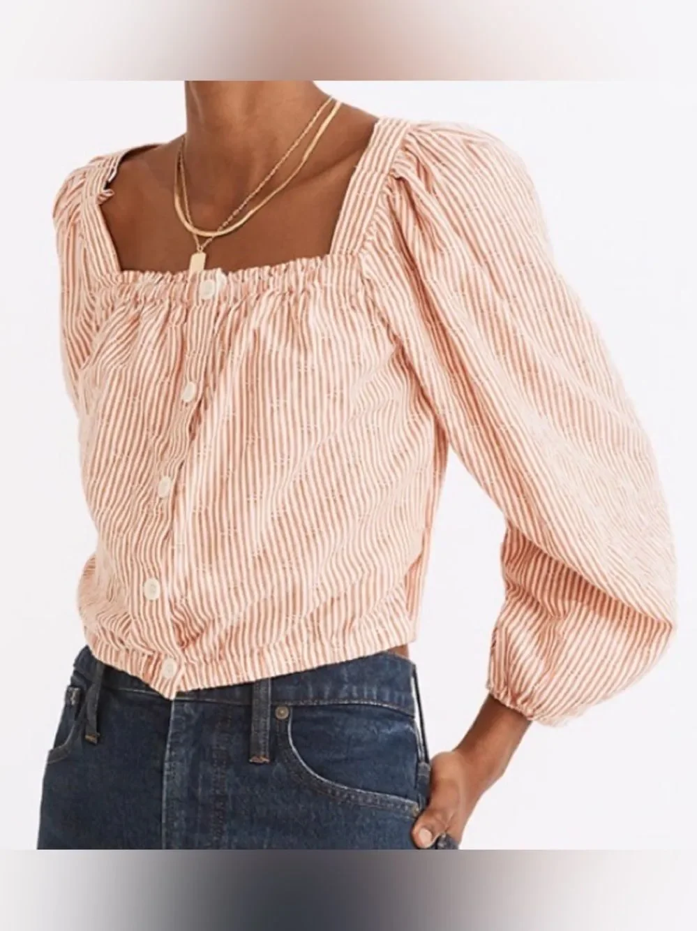 Madewell Orange/White Puff Long Sleeve Front Button Crop Women’s Top Sz M Ranch