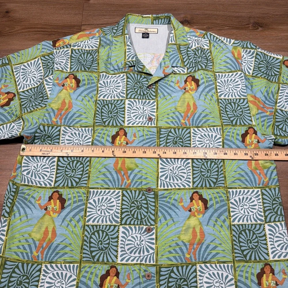 Tommy Bahama Shirt Mens XL Green Blue Hula Girl Hawaiian Silk Beach Casual Check