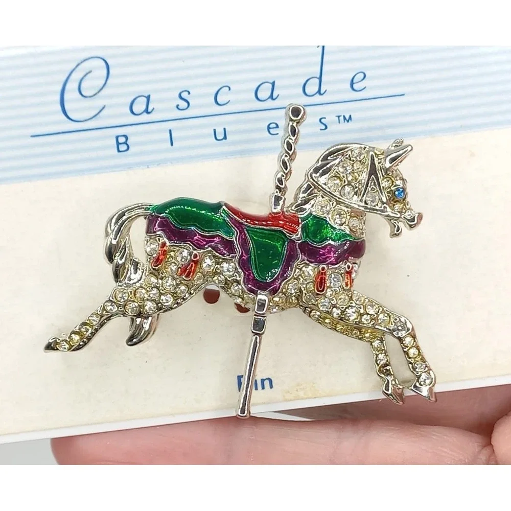 Vintage Carousel‎ Horse Brooch Rhinestone Carnival Festival Enamel Silver Tone