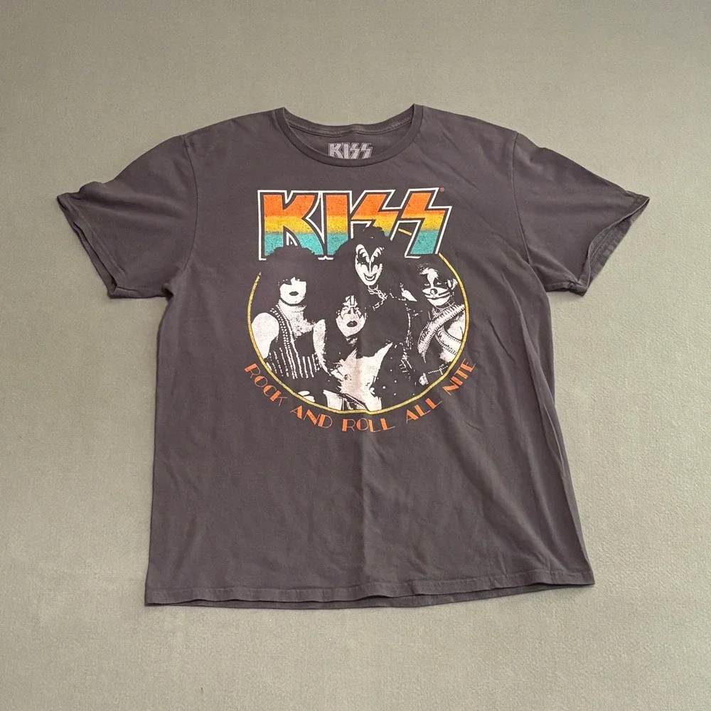 KISS Rock and Roll All Nite Graphic T-Shirt Gray Mens Large Band Tee