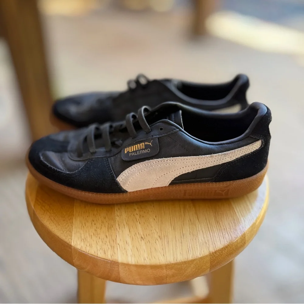 Puma Palermo Black &‎ White Leather Sneakers with Gum Sole