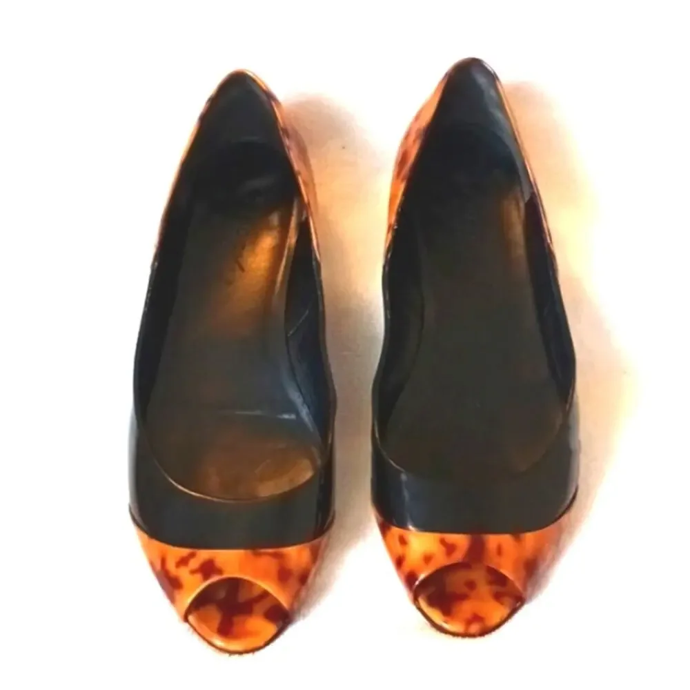 GUCCI Patent Leather Leopard Flats 6B Orange Brown Animal Print Open Toe Vintage