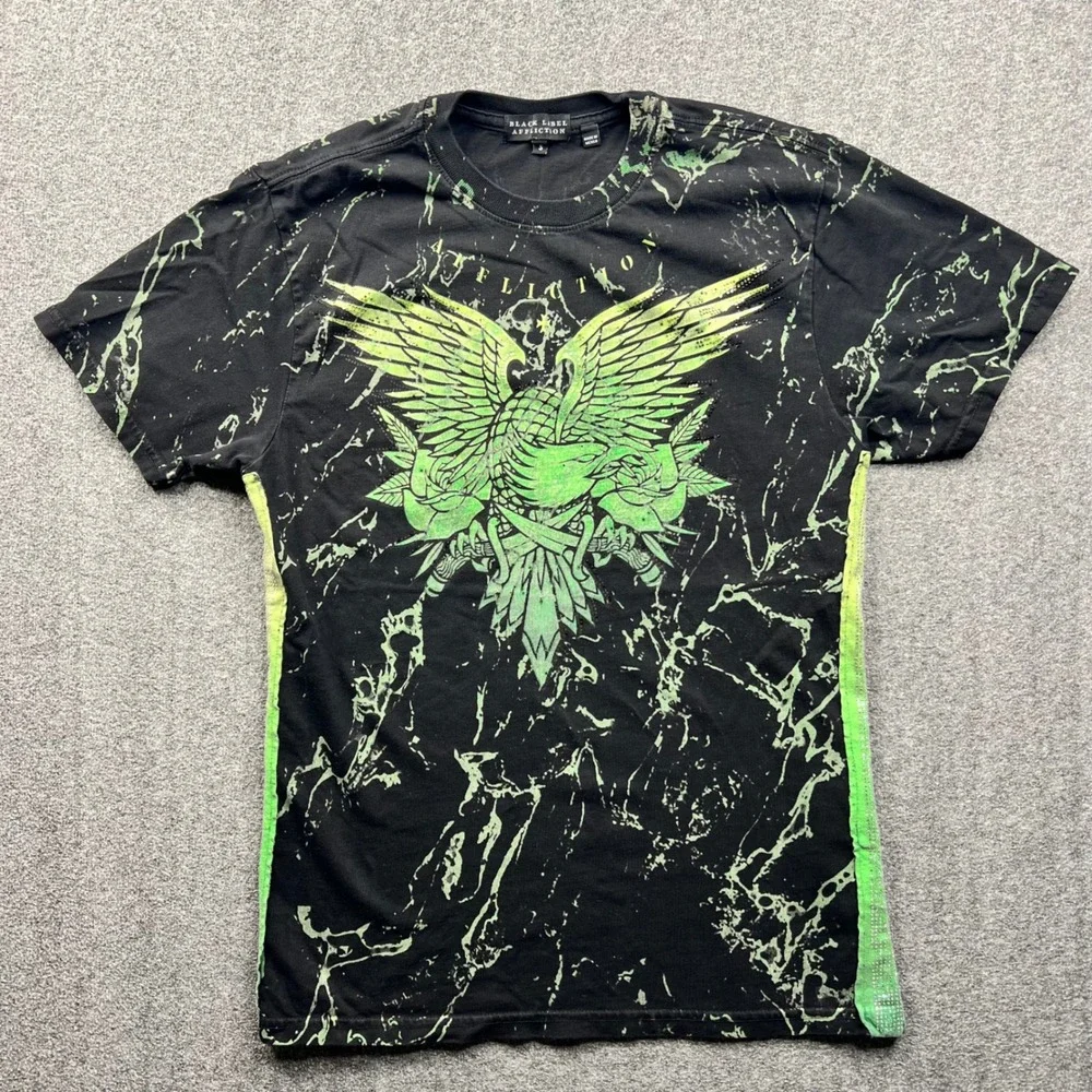 Affliction‎ T Shirt Mens Small Black Green Black Label Marble Winged Graphic Tee
