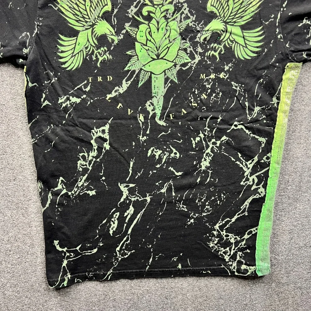 Affliction‎ T Shirt Mens Small Black Green Black Label Marble Winged Graphic Tee