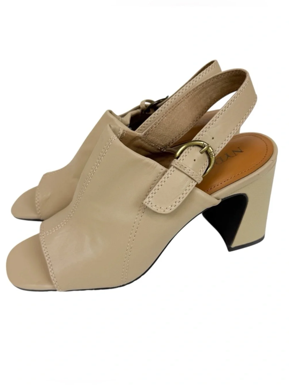 NYDJ Lyssa Neutral Leather‎ Square Toe Block Heel Sandal Sand Size 9