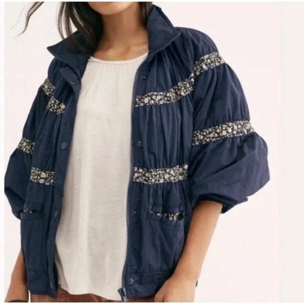Free People Women's Size Medium On My Mind Bomber Jacket Navy