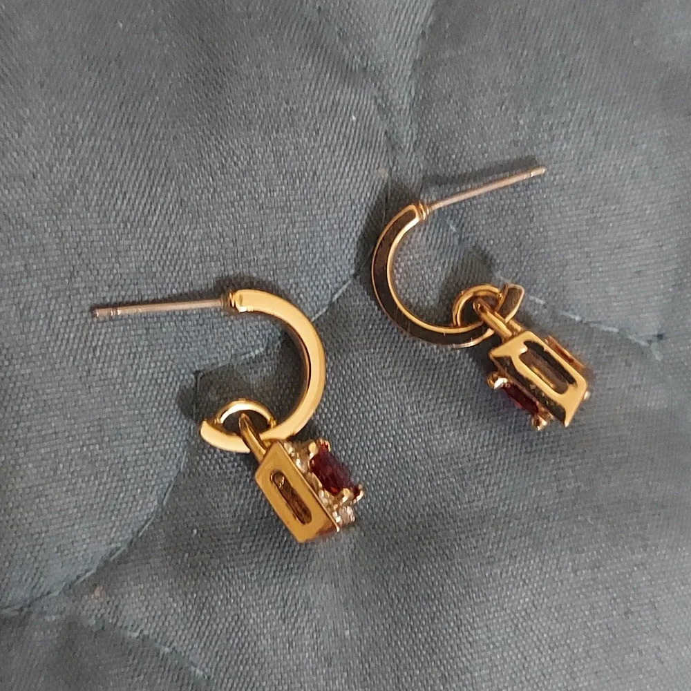 Gold-tone huggie hoops square-cut red stone Halo Pave Crystal Earrings