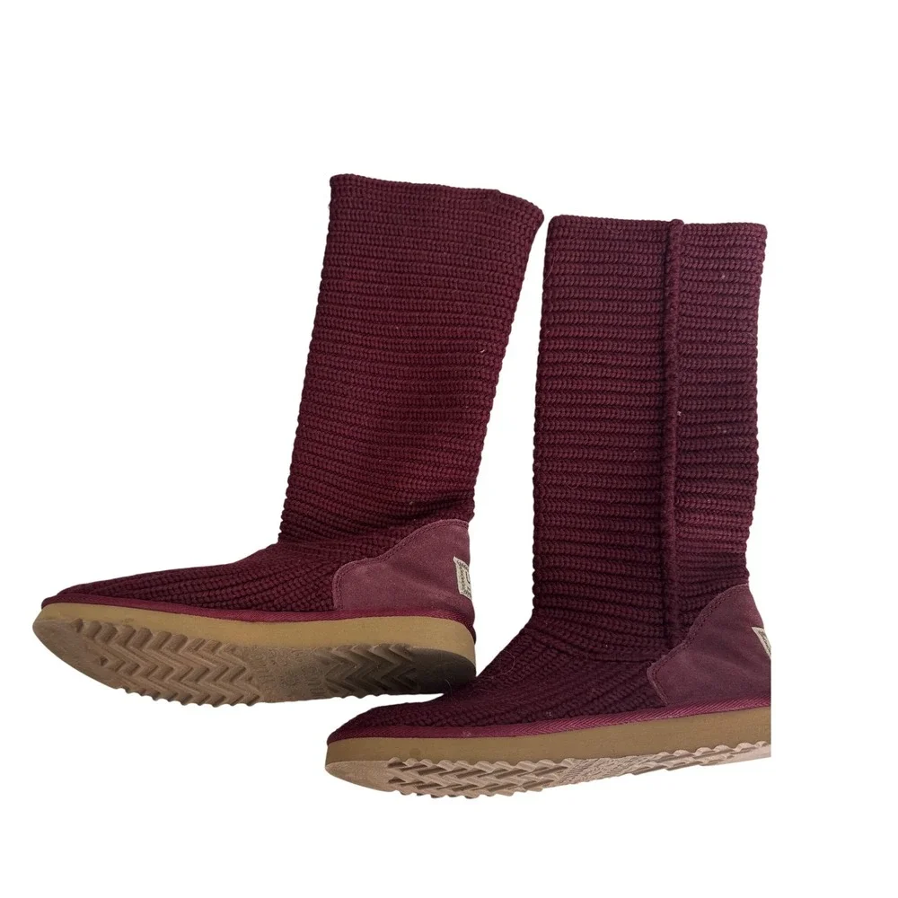 UGG Australia Knit Tall Boots‎ Burgundy Suede Trim Women's Size 9