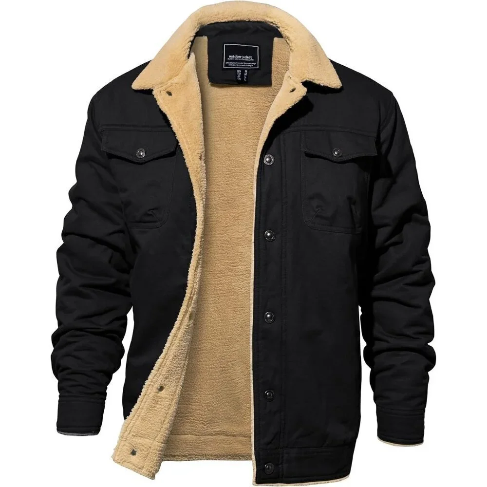 Men's Black Winter Thick Thermal Cotton Warm Fleece Lined Coat Cargo Jackets