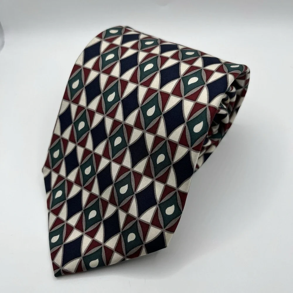 Brooks Brother USA Silk Tie Geometric Pattern Burgundy Green Black