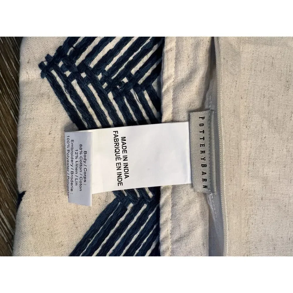 NWT‎ POTTERY BARN Embroidered Linen Cotton Pillow Cover Beige Blue 18x18