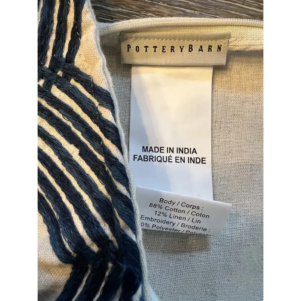 NWT‎ POTTERY BARN Embroidered Linen Cotton Pillow Cover Beige Blue 18x18