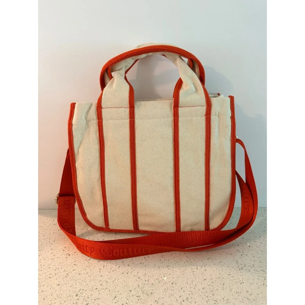 Juicy Couture Canvas Mini Tote Bag Red Cream Strawberry Charm Crossbody NEW