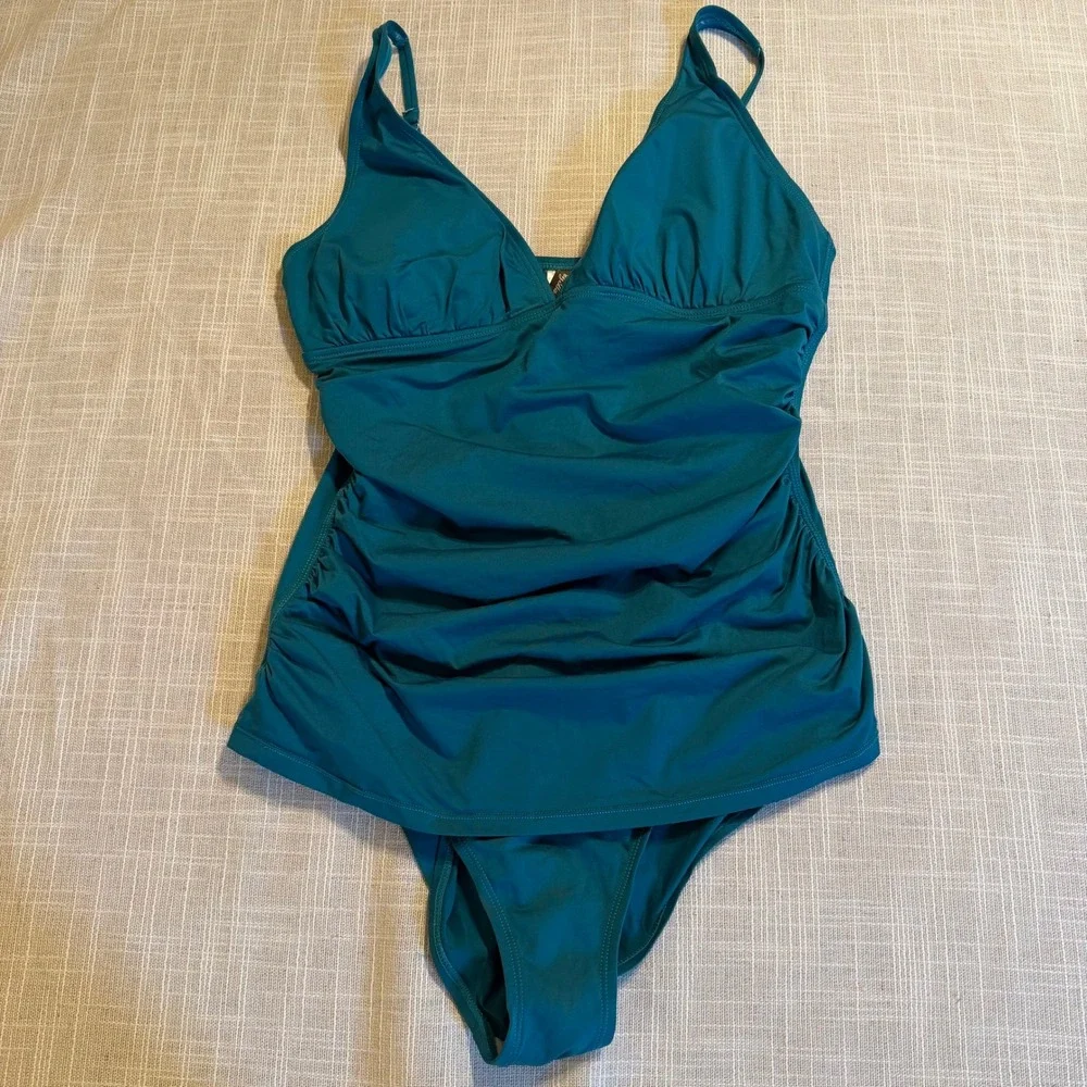 Tommy Bahama Womens Teal Blue Ruched One Piece Swimsuit TSW99023P Size 14