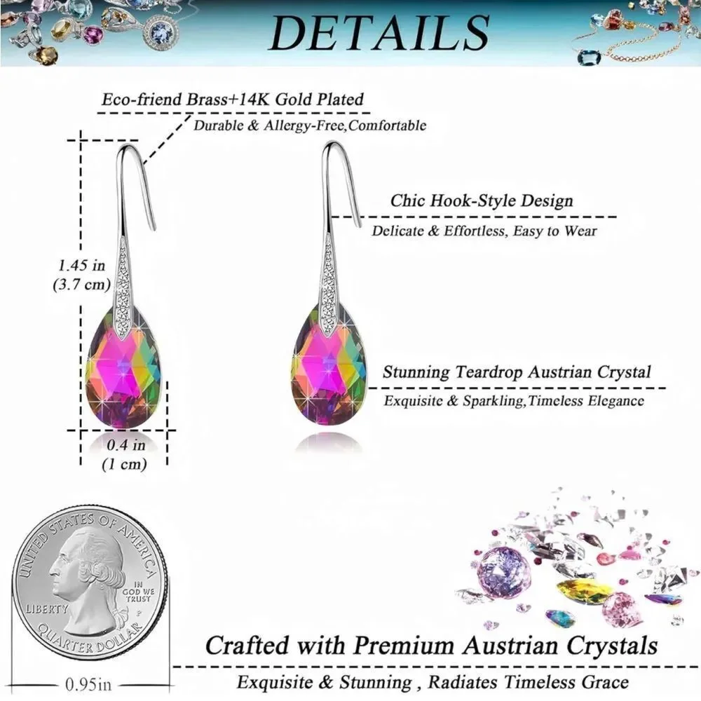 14K White Gold with Vitrail Medium Austrian Crystal Teardrop Drop Hook Earrings