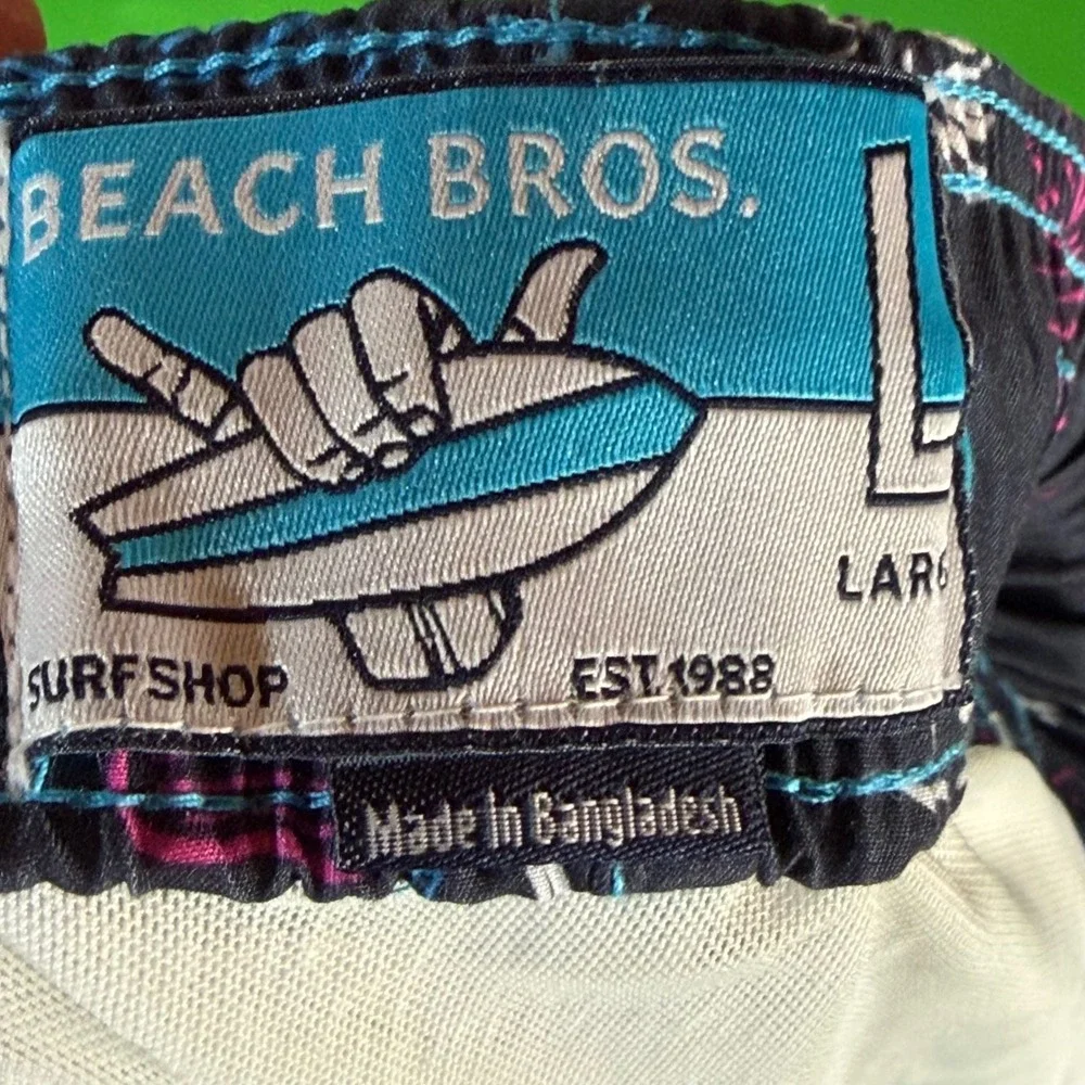 Beach Bros Swim Trunks Mens L Black Tropical Neon AOP Surf Board Shorts Vacation