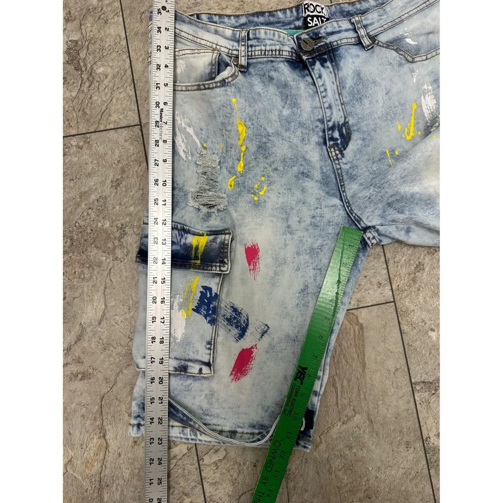 Rock‎ Salt Mens Distressed Paint Splatter Denim Cargo Shorts Light Wash Size 38
