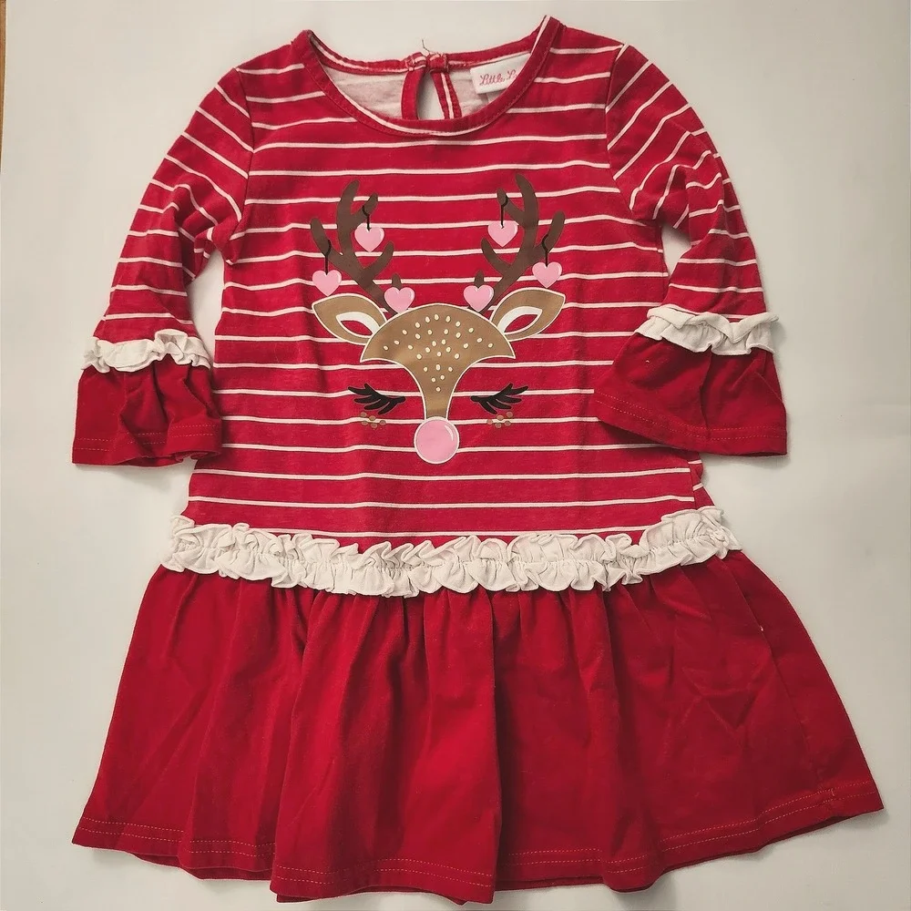 Little Lass Girls 4T Red White Stripe Ruffle Sleeve‎ Reindeer Christmas Dress