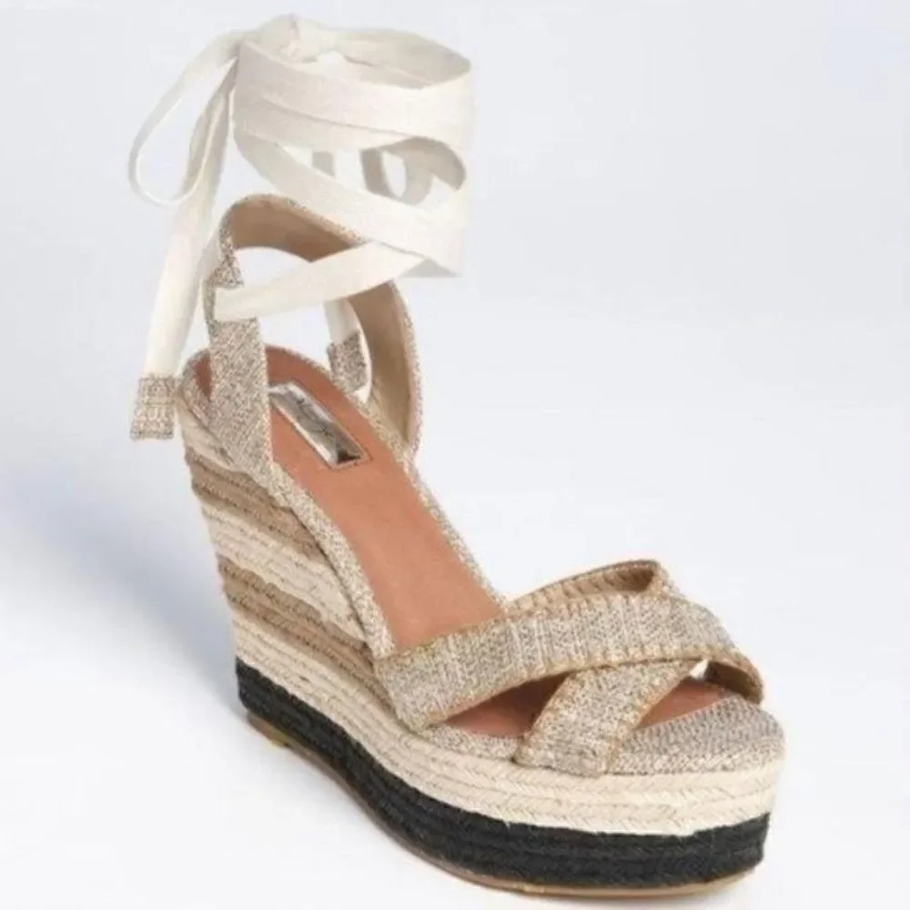 Halogen womans nude lace up Espadrille wedges sz 10 BoxP