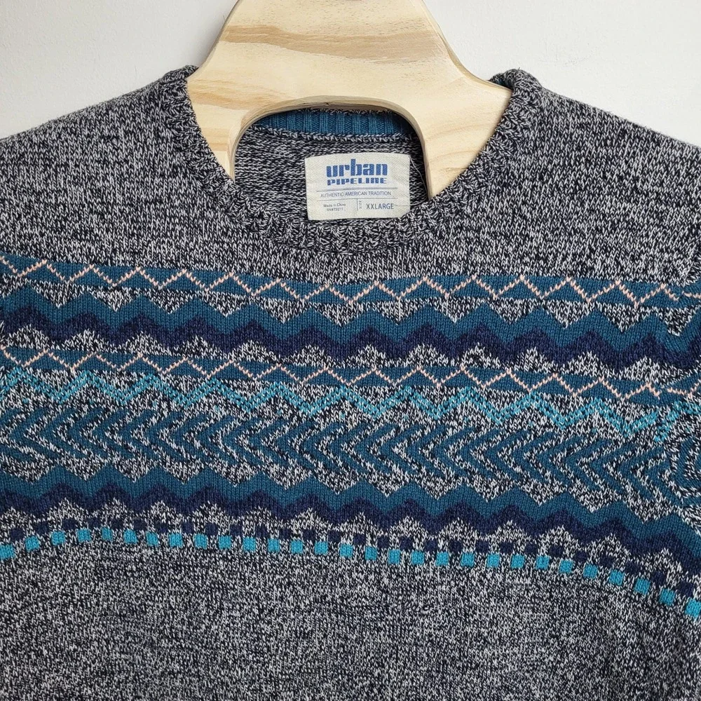 Urban Pipeline Men's XXL‎ Fair Isle Pattern Knit Sweater Blue Gray Long Sleeve