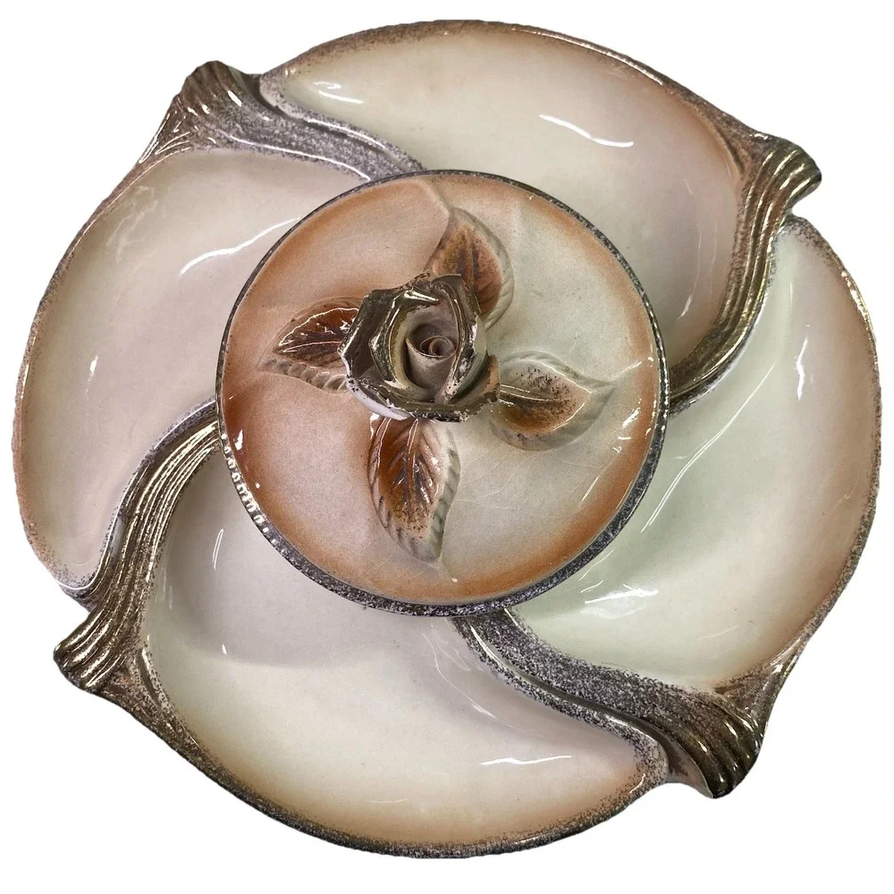 Vintage California Pottery 4 Piece Chip Dip Lazy Susan Gold Rose‎ 13