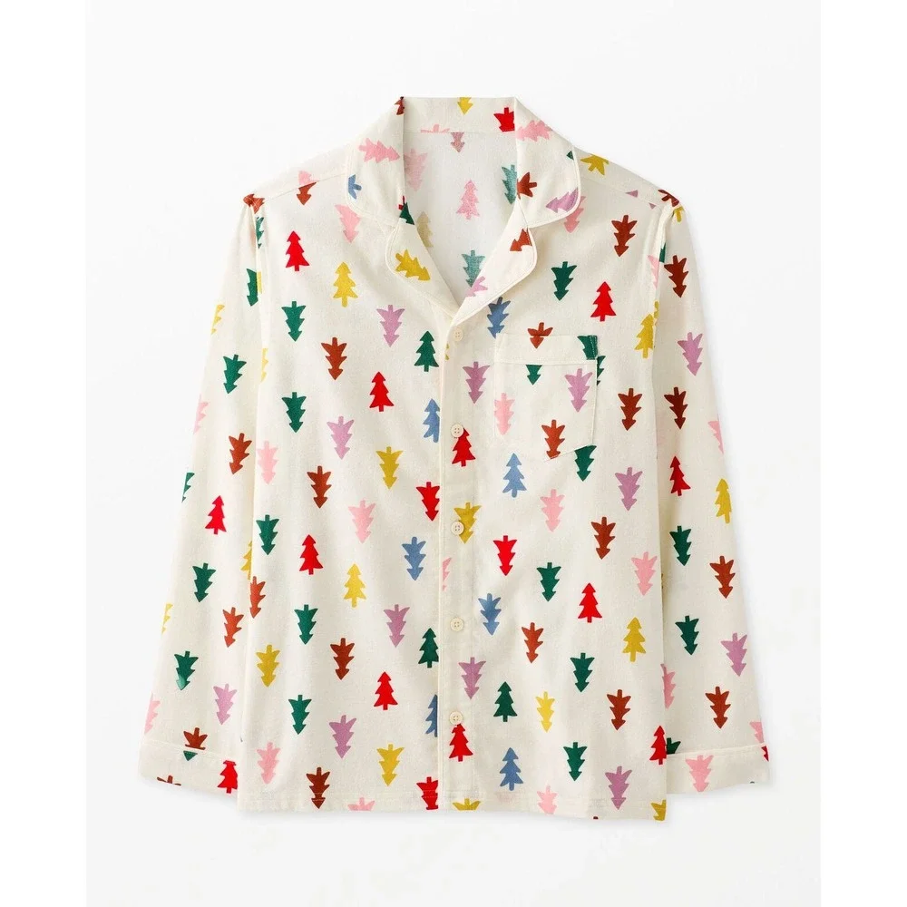 Hanna Andersson Holiday Flannel Pajama Top Festive Forest Ecru Christmas Tree- L