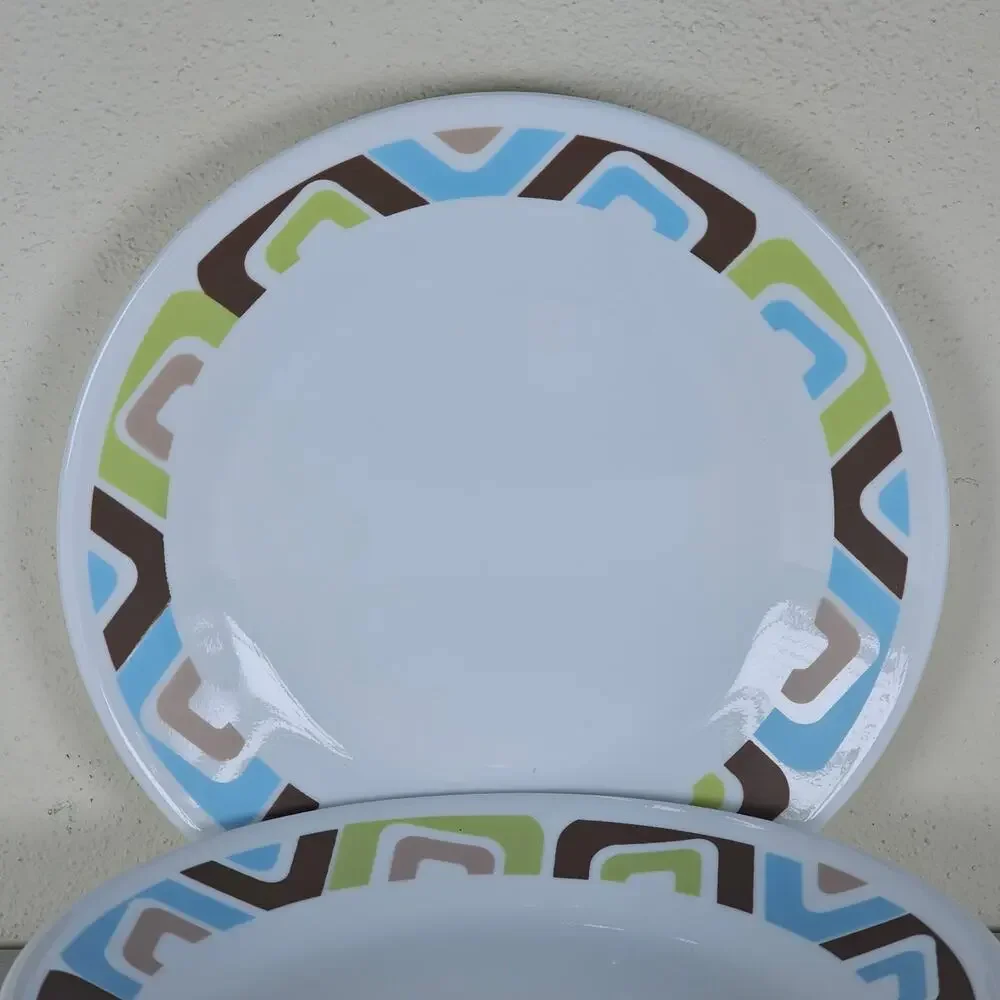 6 CORELLE ~6.75 BREAD‎ SIDE PLATES 'SQUARED' BLUE BROWN GREEN SQUARES ON WHITE