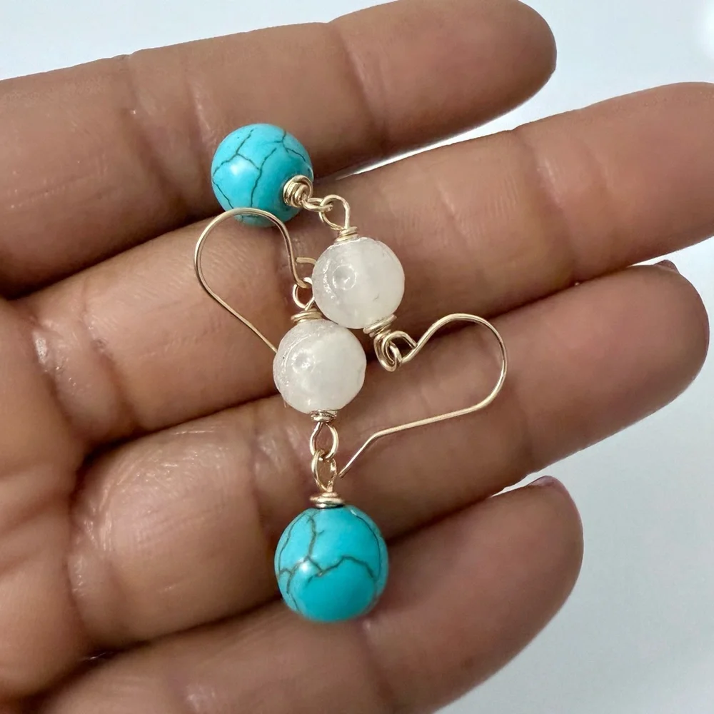 Gold-Filled Carved White Agate & Turquoise Dangle Earrings