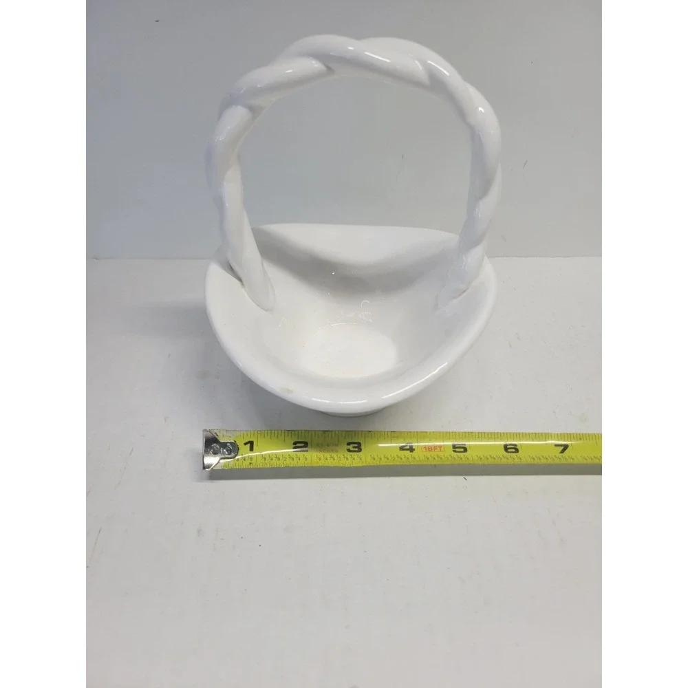 Vintage White Ceramic Woven Basket with Twisted Rope Handle Glossy Finish‎