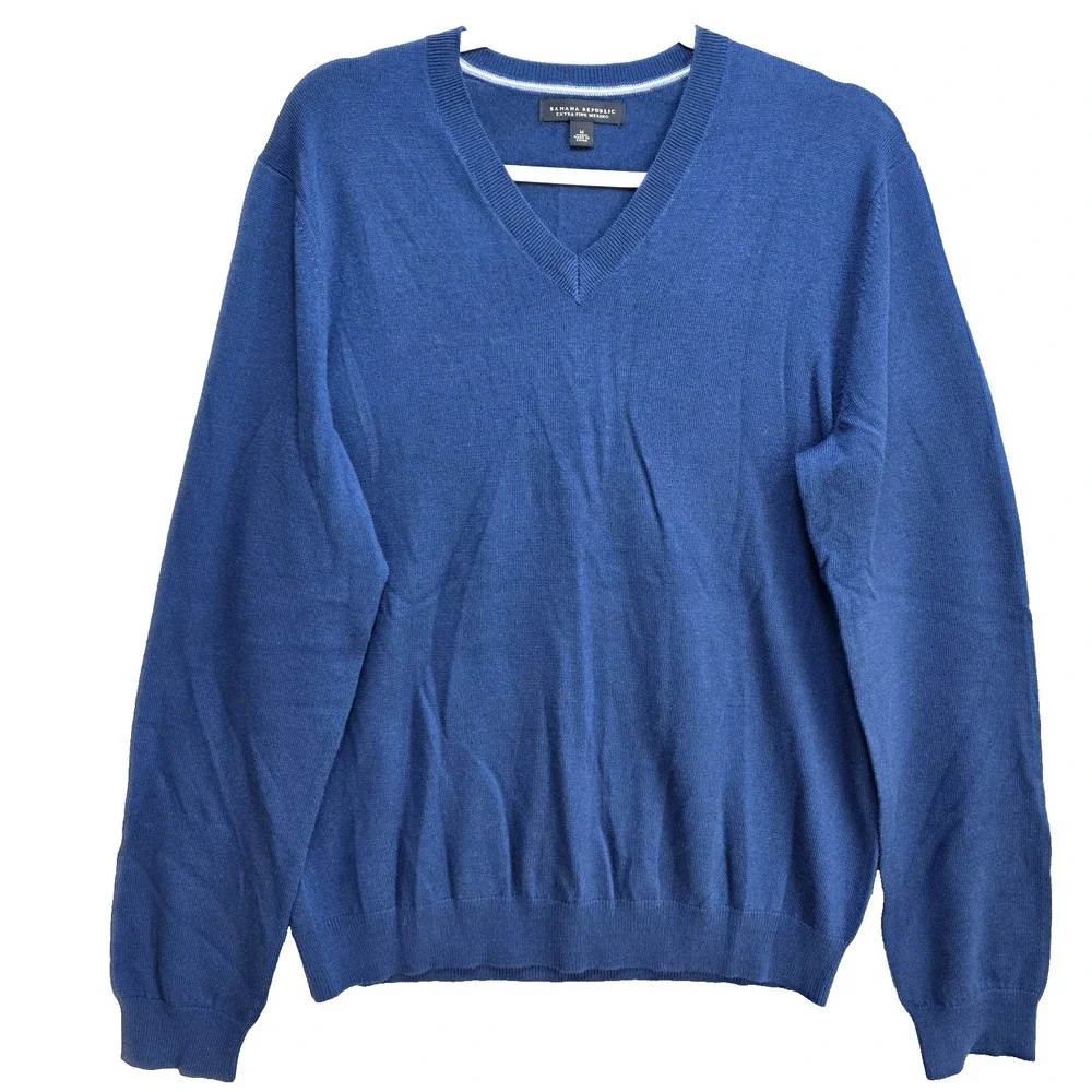 Banana Republic Extra Fine Merino Wool Sweater Mens M Blue‎ Vneck Knit Jumper