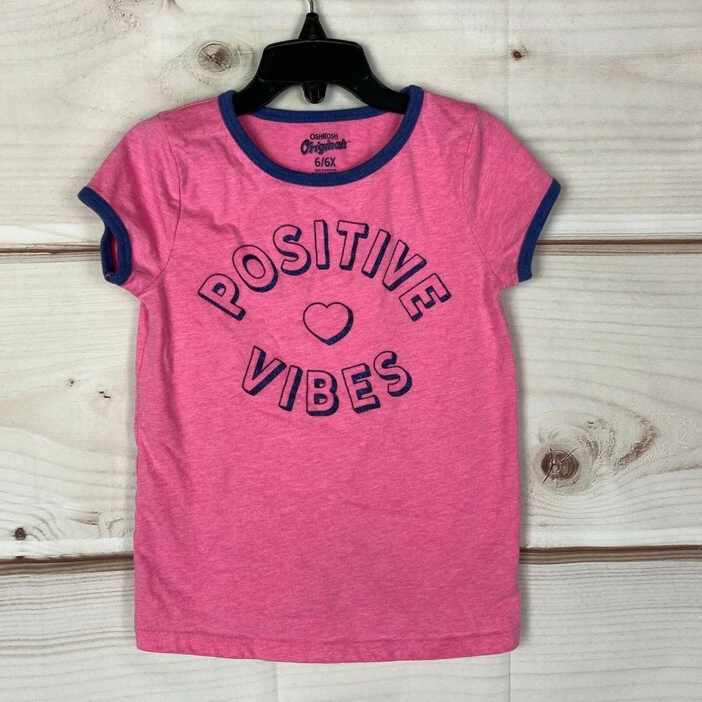 OshKosh‎ Top Girls 6 6X Pink Positive Vibes Graphic Short Sleeve Ringer T-Shirt