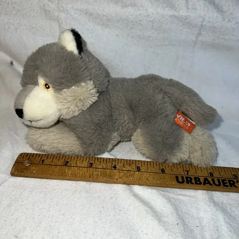 WILD REPUBLIC EcoKins Mini Wolf Stuffed Animal‎ 8 inch Plush Laying CLEAN