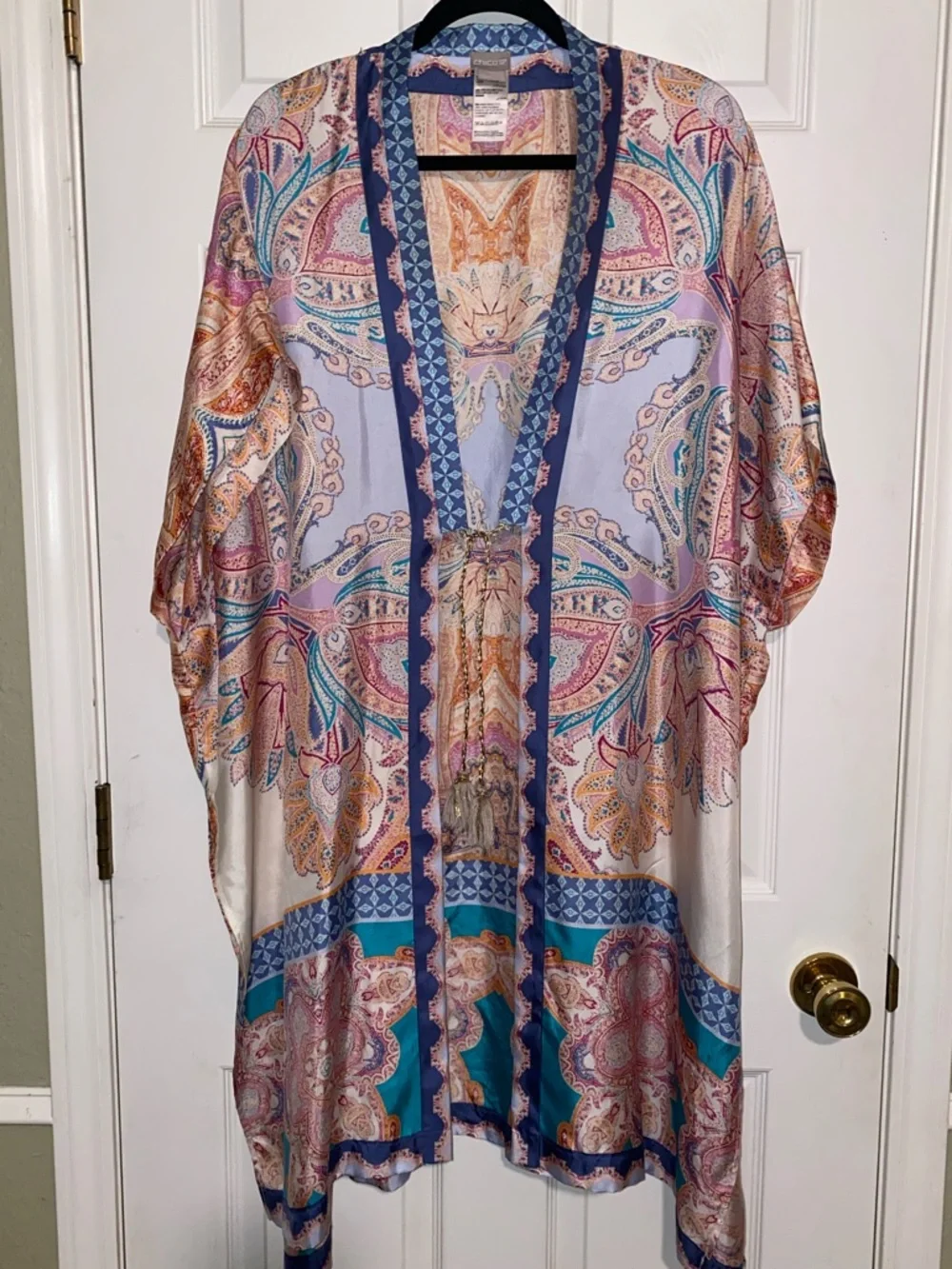 Chico's Medallion Print 100% Silk Paisley Ruana Kimono/Swim Cover‎ Up