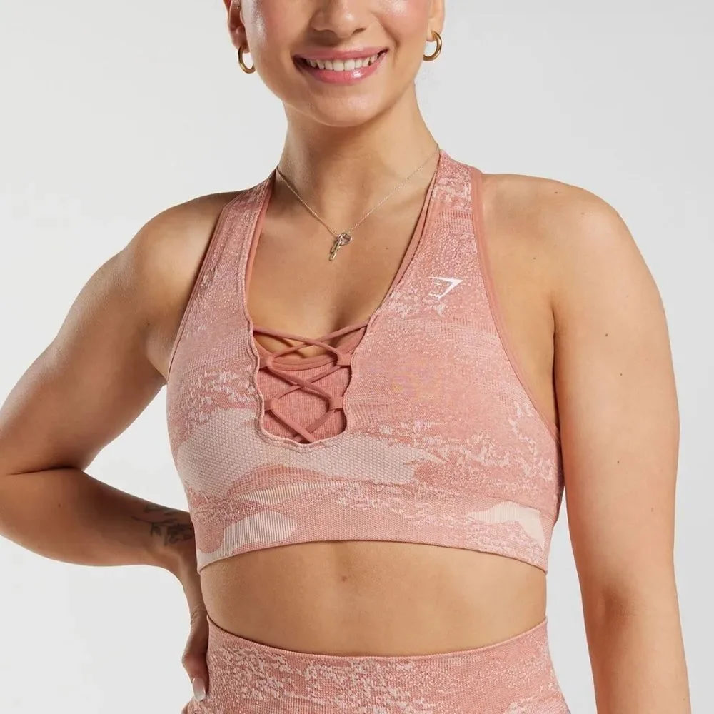 Gymshark ADAPT CAMO SEAMLESS SPORTS BRA MSupport Small Misty Pink-Hazy Pink NWT‎